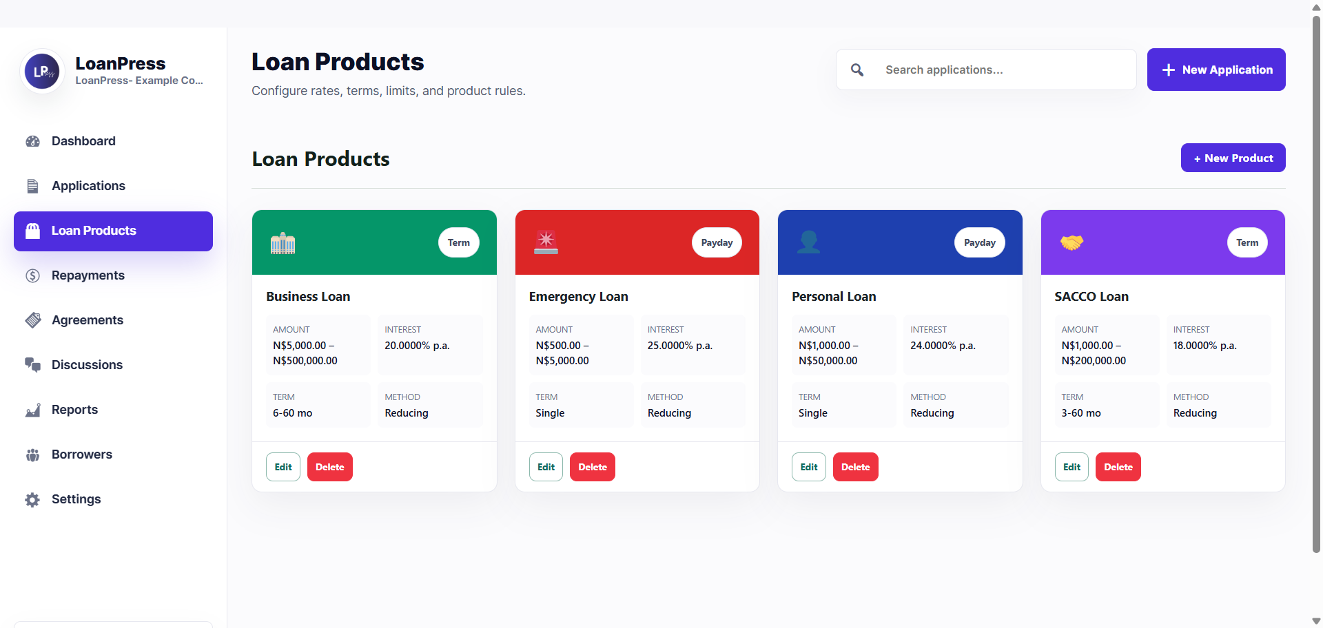 LoanPress application management screen