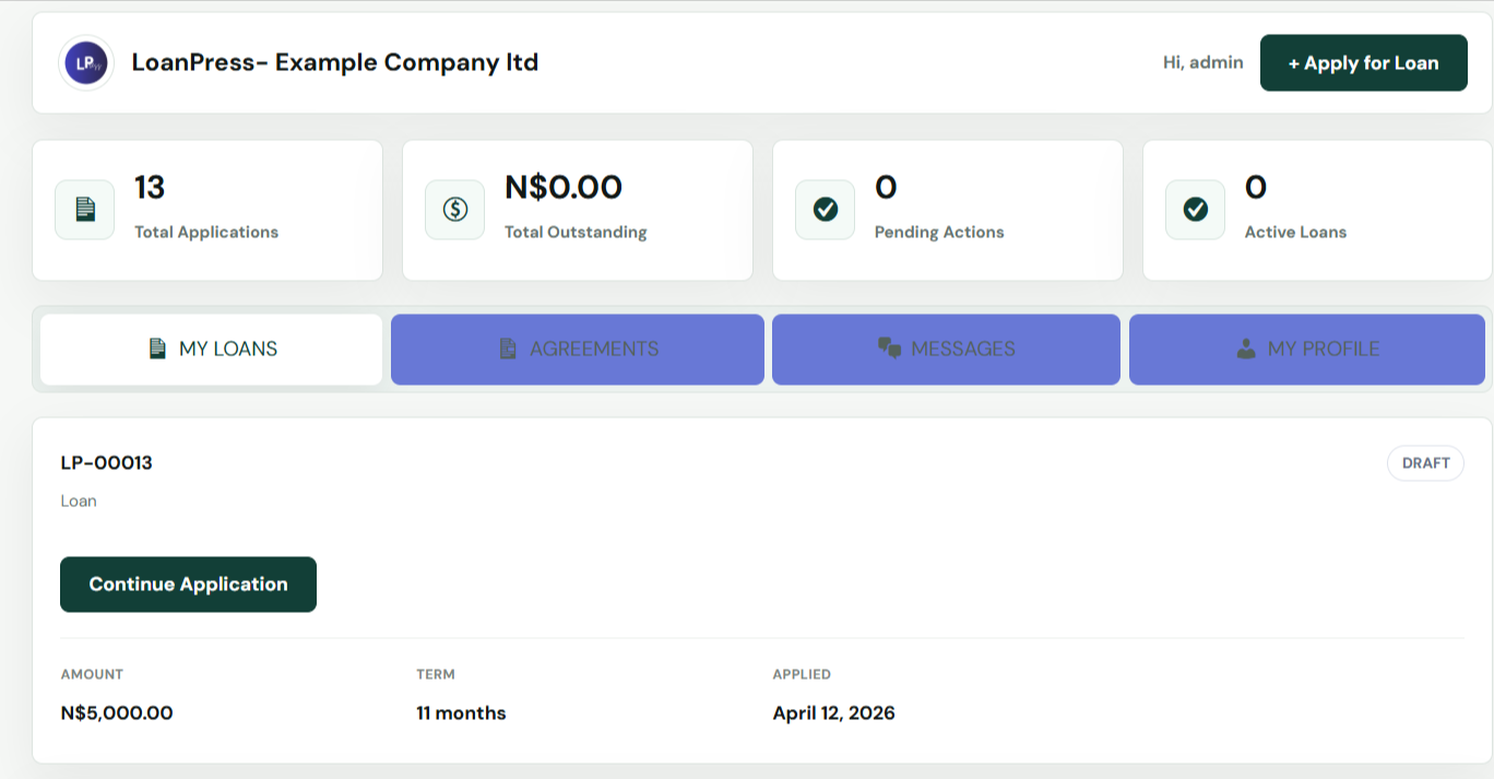 LoanPress application form screen